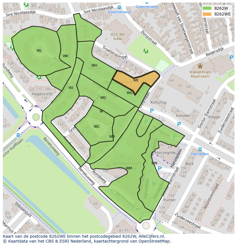 Afbeelding van het postcodegebied 8262 WE op de kaart.