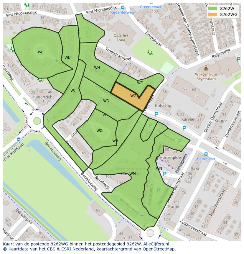 Afbeelding van het postcodegebied 8262 WG op de kaart.