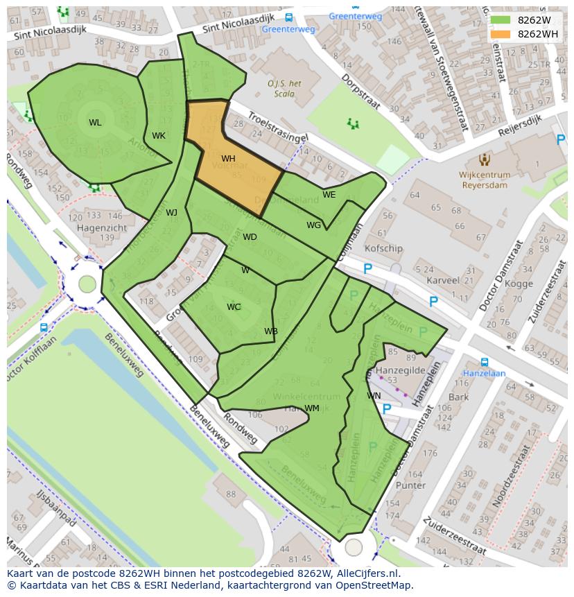 Afbeelding van het postcodegebied 8262 WH op de kaart.