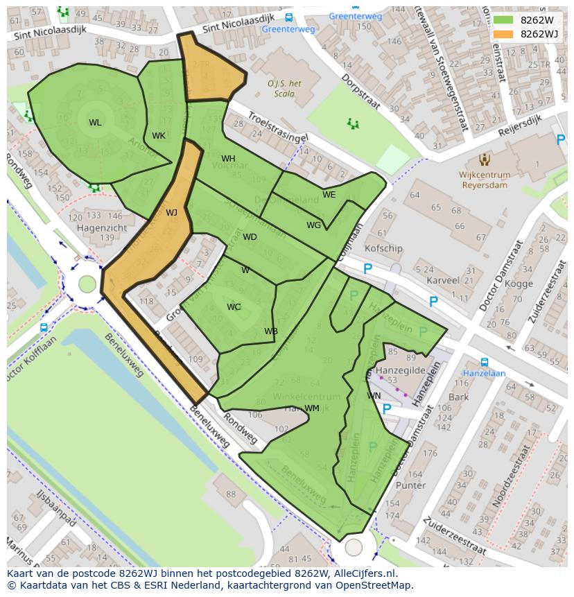 Afbeelding van het postcodegebied 8262 WJ op de kaart.