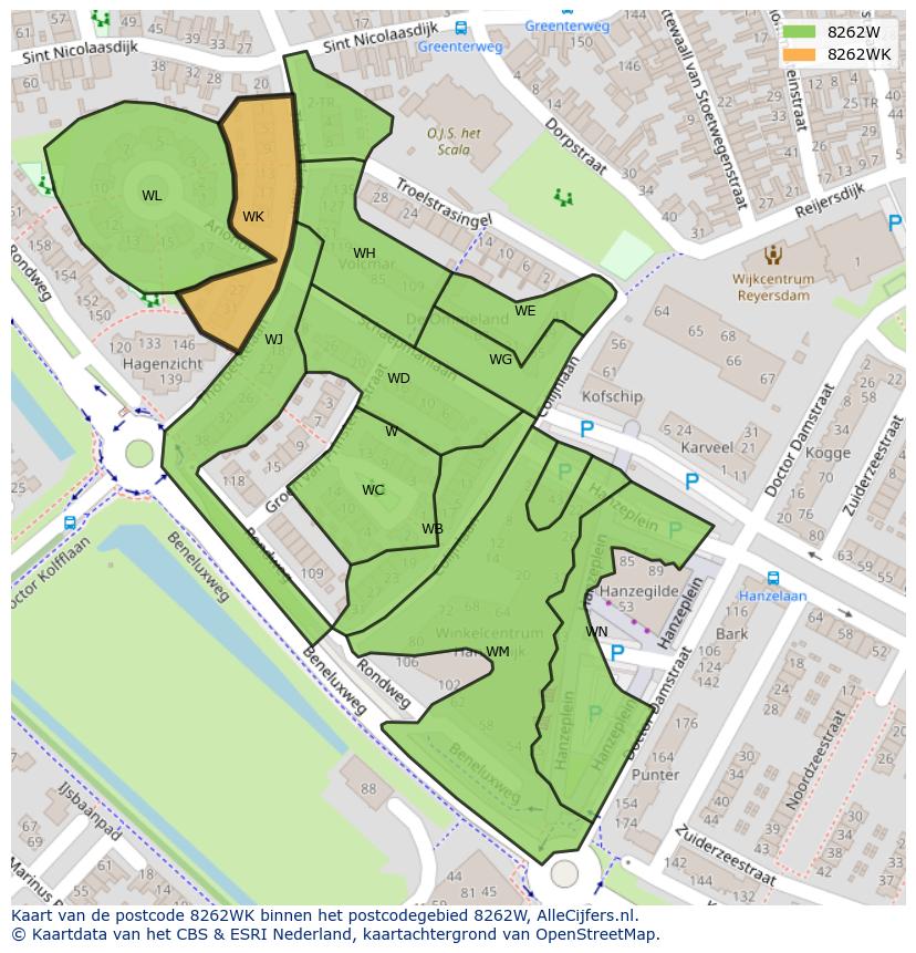 Afbeelding van het postcodegebied 8262 WK op de kaart.