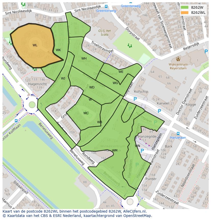 Afbeelding van het postcodegebied 8262 WL op de kaart.