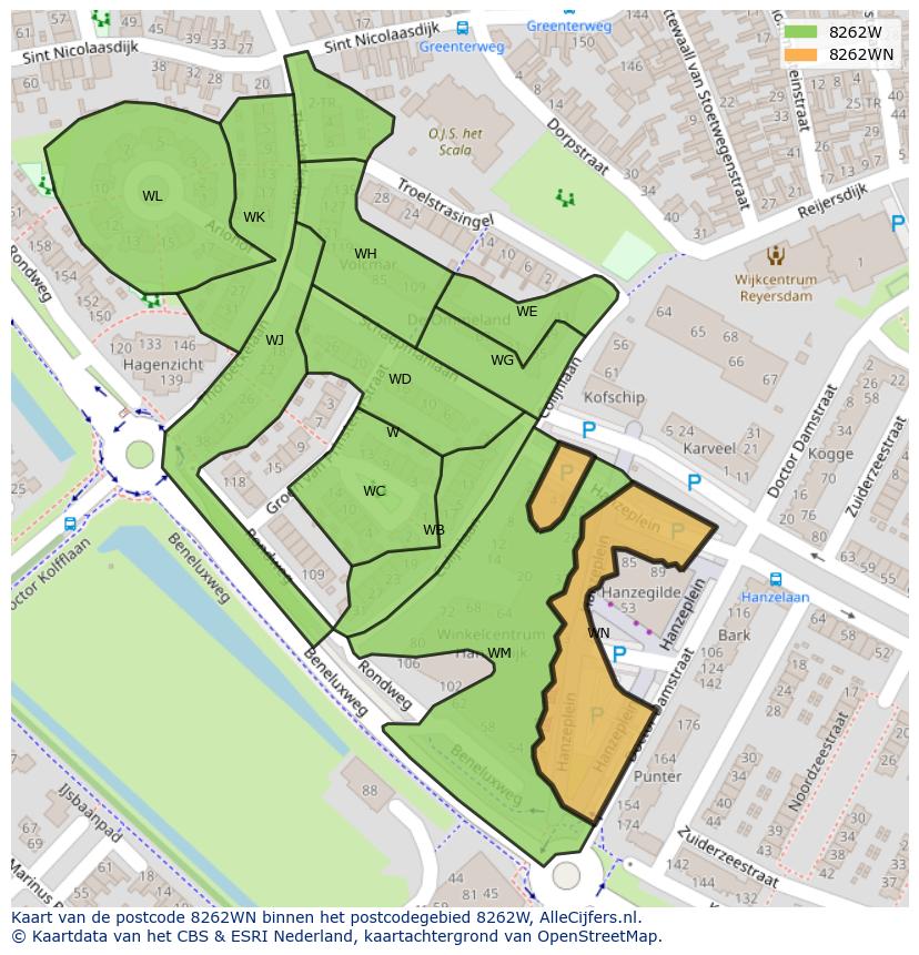 Afbeelding van het postcodegebied 8262 WN op de kaart.