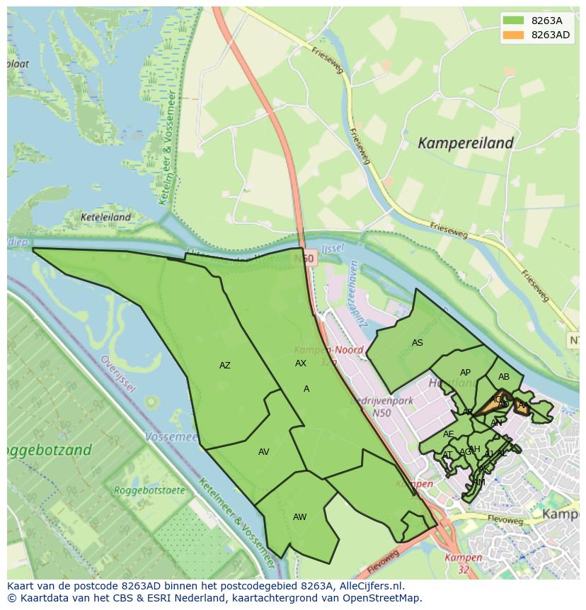 Afbeelding van het postcodegebied 8263 AD op de kaart.