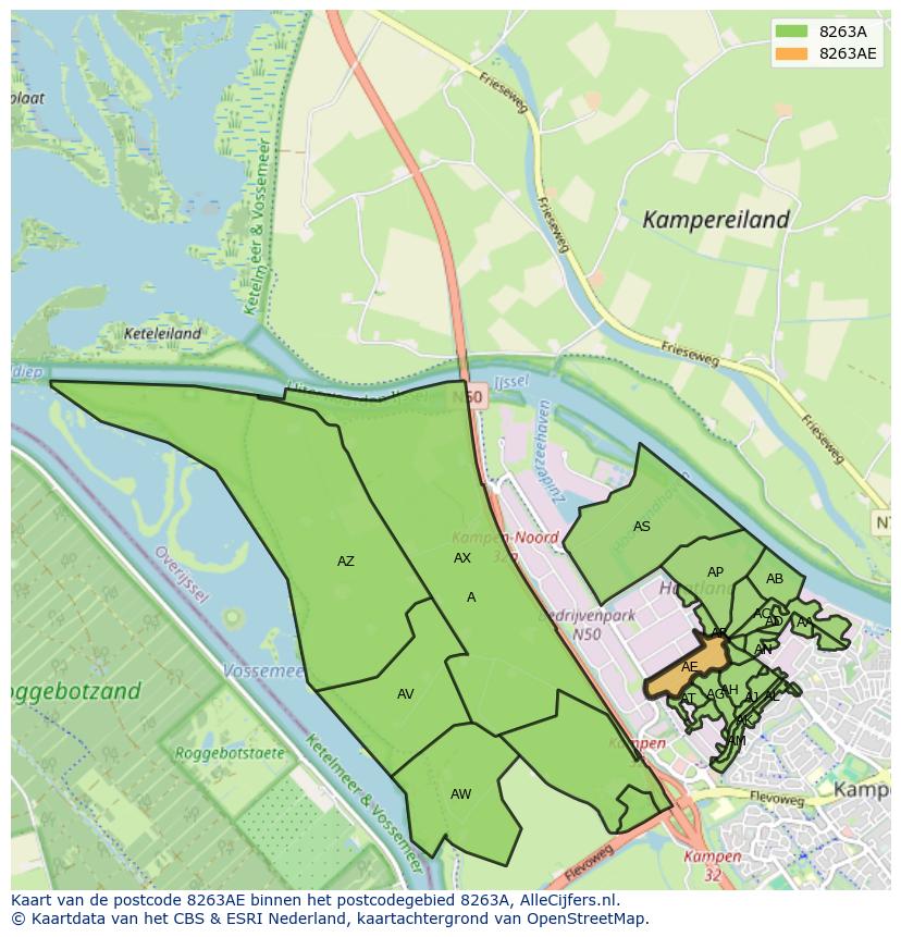 Afbeelding van het postcodegebied 8263 AE op de kaart.