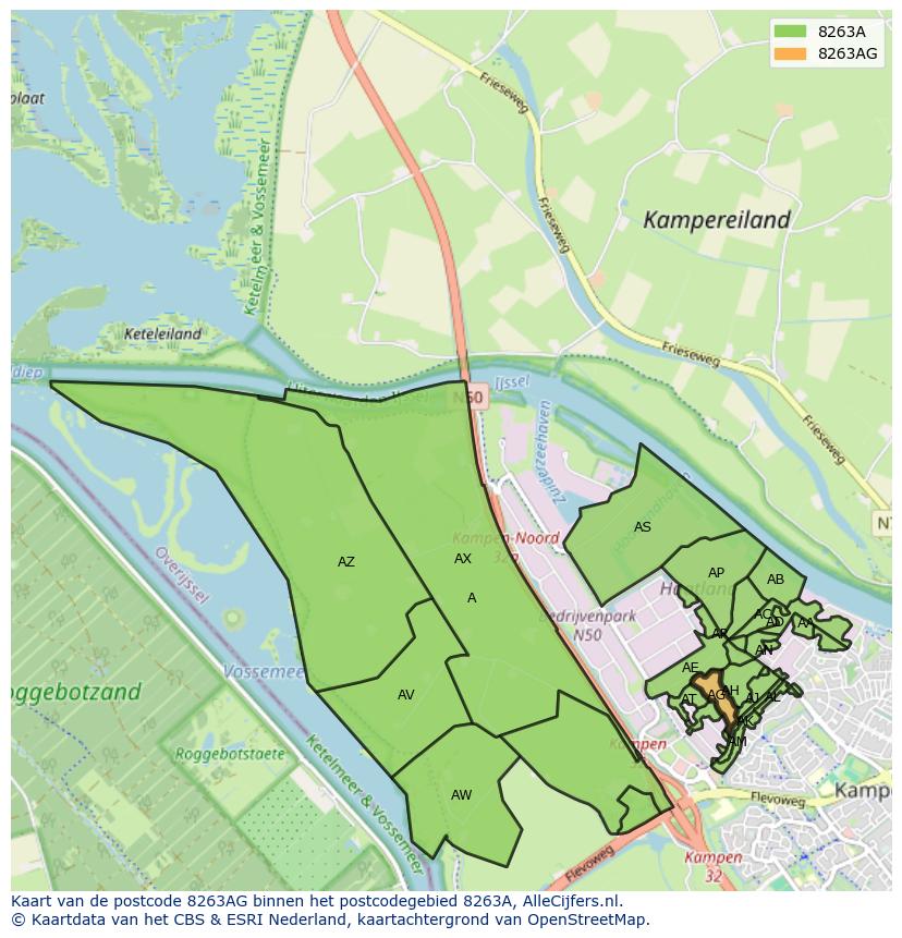 Afbeelding van het postcodegebied 8263 AG op de kaart.