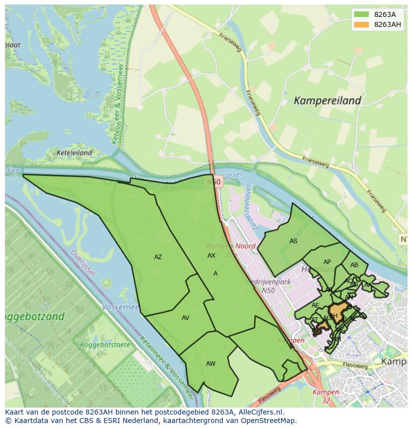 Afbeelding van het postcodegebied 8263 AH op de kaart.
