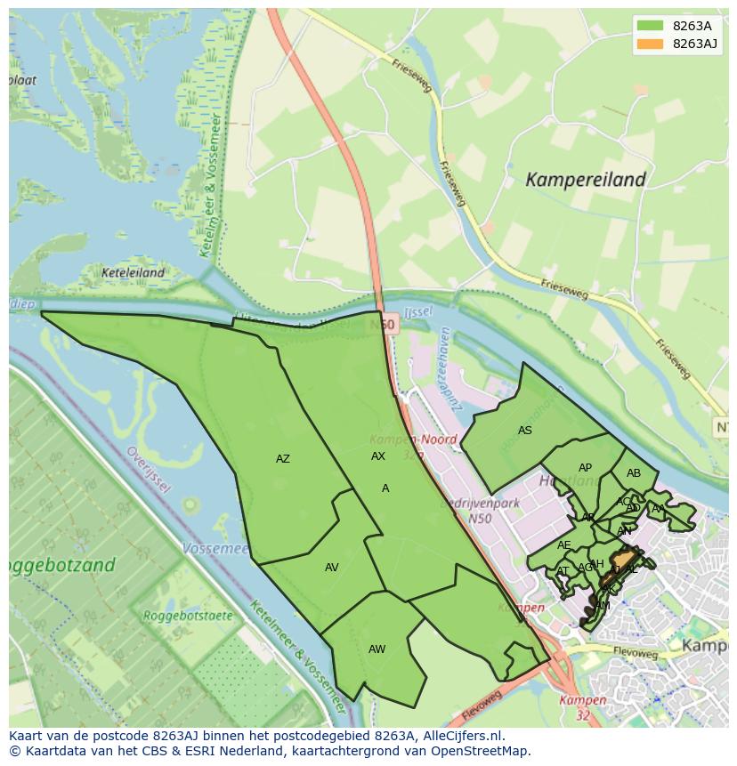 Afbeelding van het postcodegebied 8263 AJ op de kaart.