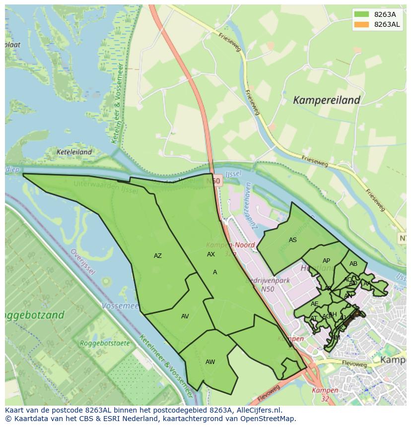 Afbeelding van het postcodegebied 8263 AL op de kaart.