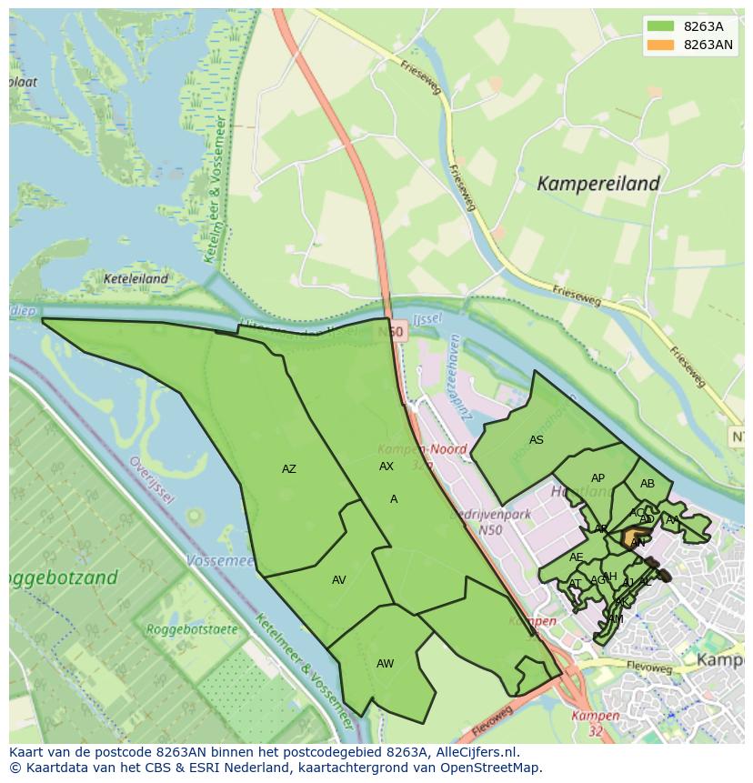 Afbeelding van het postcodegebied 8263 AN op de kaart.
