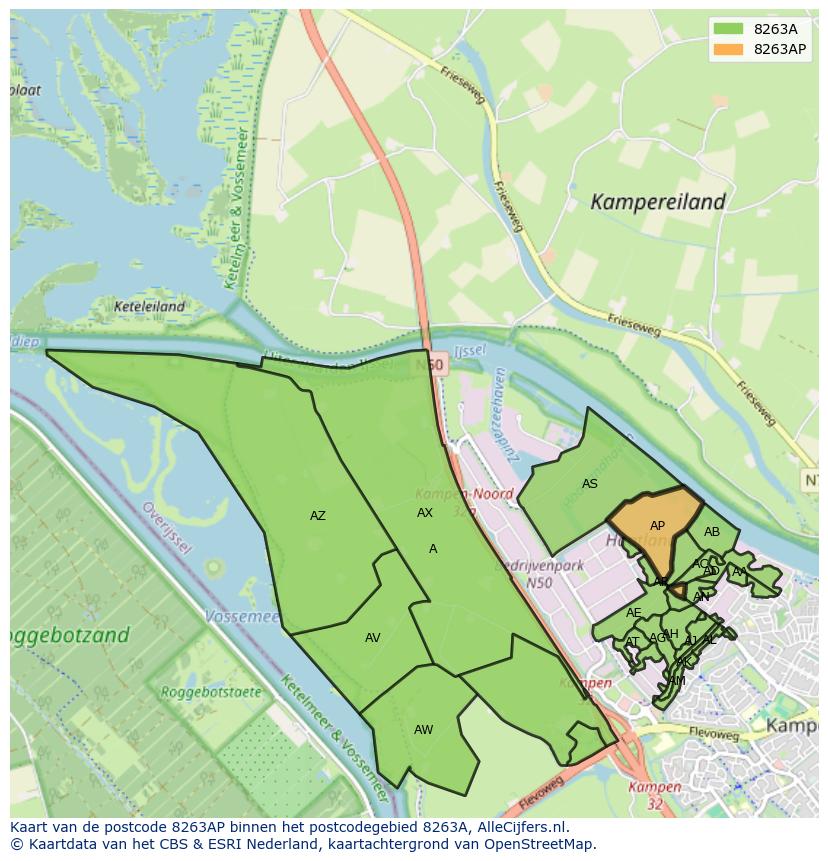 Afbeelding van het postcodegebied 8263 AP op de kaart.