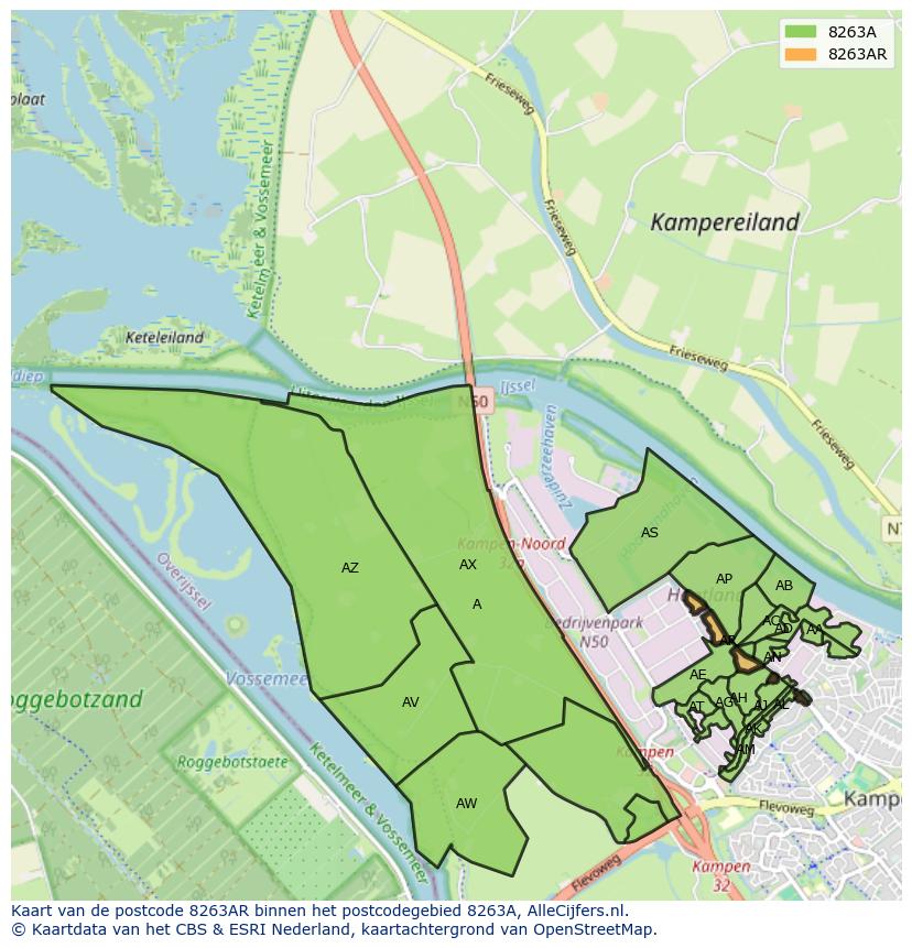 Afbeelding van het postcodegebied 8263 AR op de kaart.