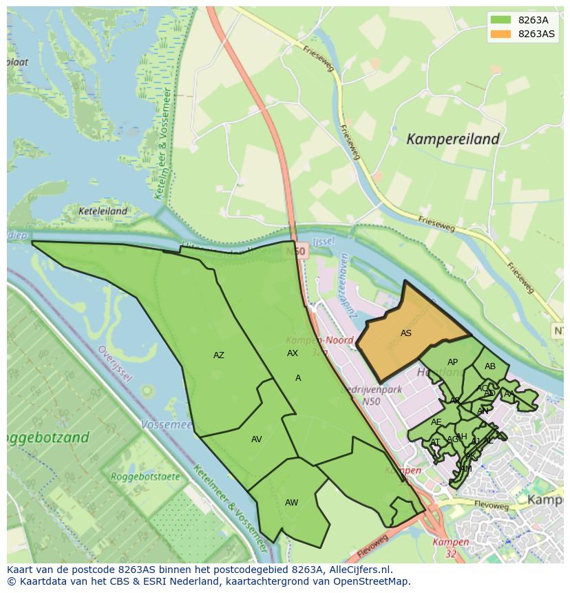 Afbeelding van het postcodegebied 8263 AS op de kaart.