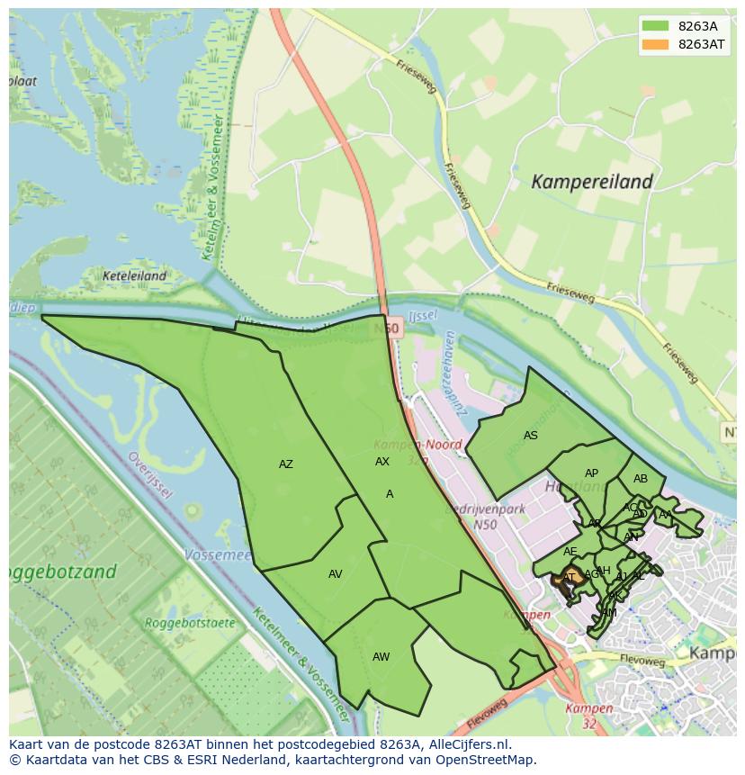 Afbeelding van het postcodegebied 8263 AT op de kaart.