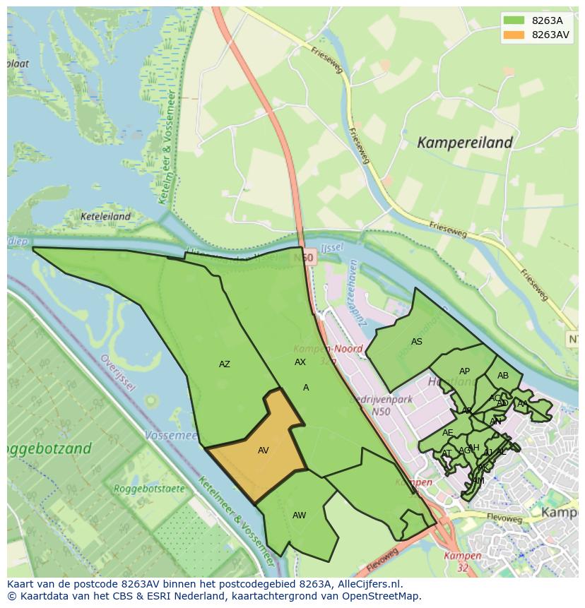 Afbeelding van het postcodegebied 8263 AV op de kaart.