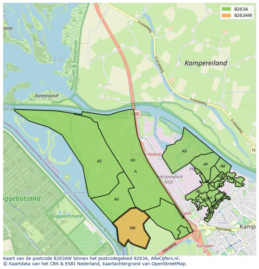 Afbeelding van het postcodegebied 8263 AW op de kaart.
