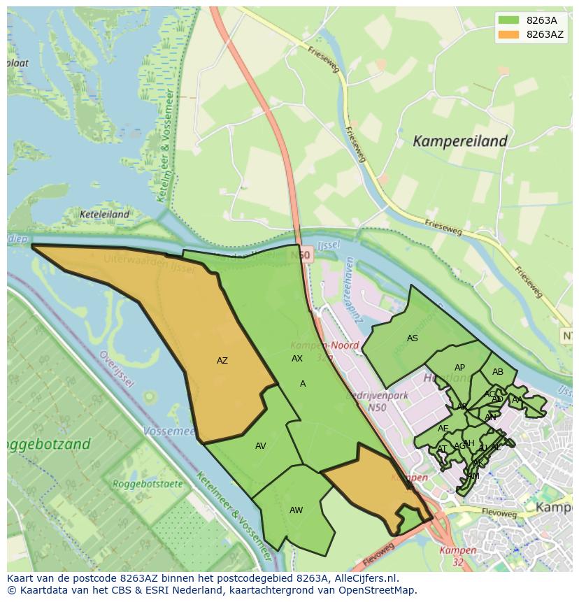 Afbeelding van het postcodegebied 8263 AZ op de kaart.