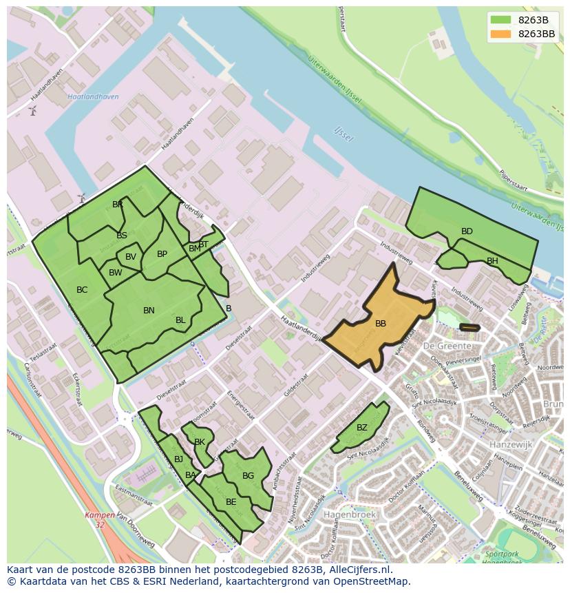 Afbeelding van het postcodegebied 8263 BB op de kaart.