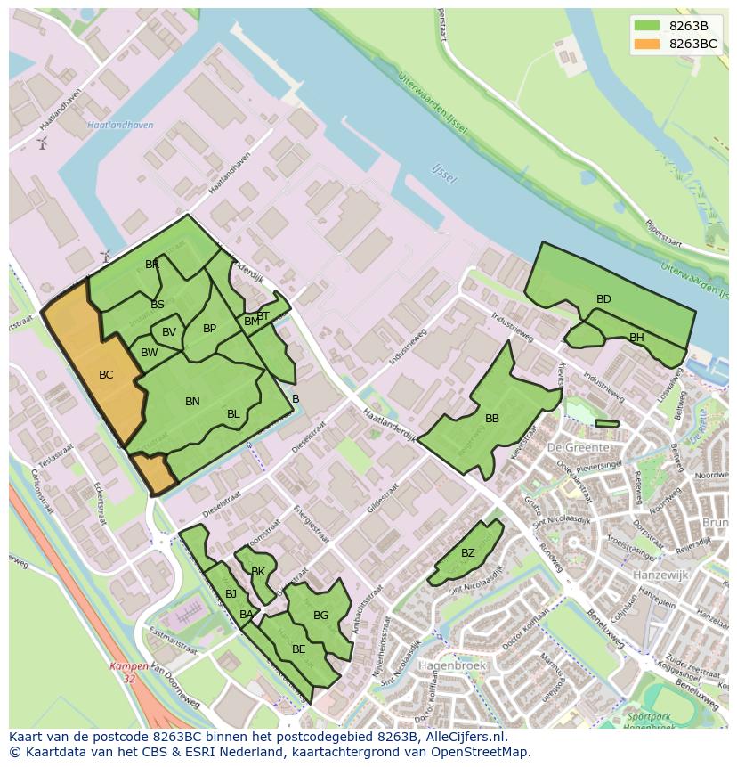 Afbeelding van het postcodegebied 8263 BC op de kaart.