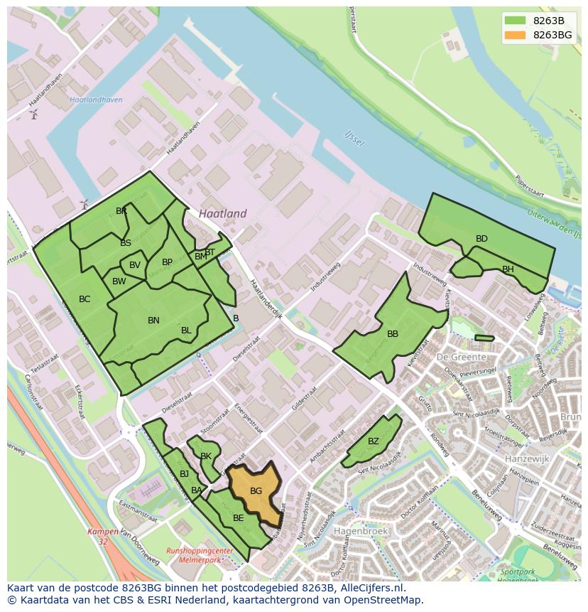 Afbeelding van het postcodegebied 8263 BG op de kaart.