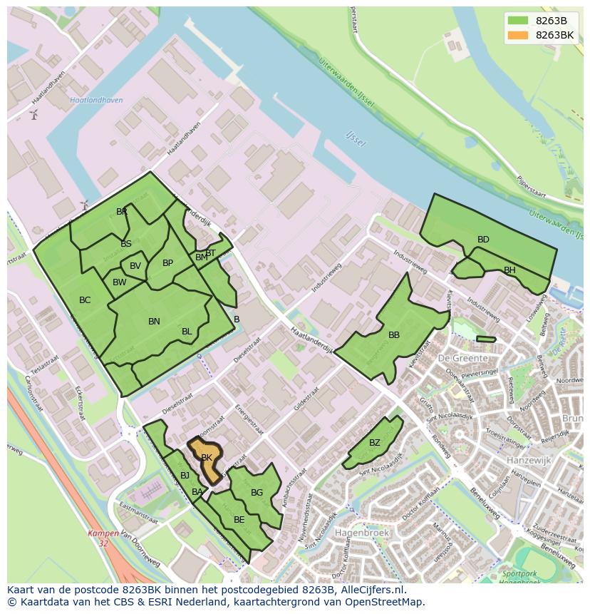 Afbeelding van het postcodegebied 8263 BK op de kaart.