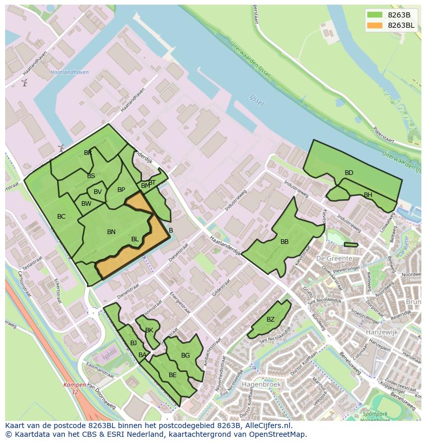 Afbeelding van het postcodegebied 8263 BL op de kaart.