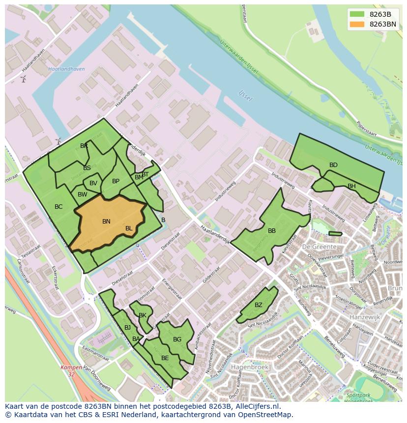 Afbeelding van het postcodegebied 8263 BN op de kaart.