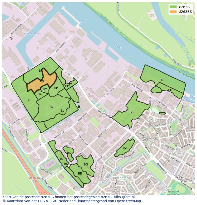Afbeelding van het postcodegebied 8263 BS op de kaart.