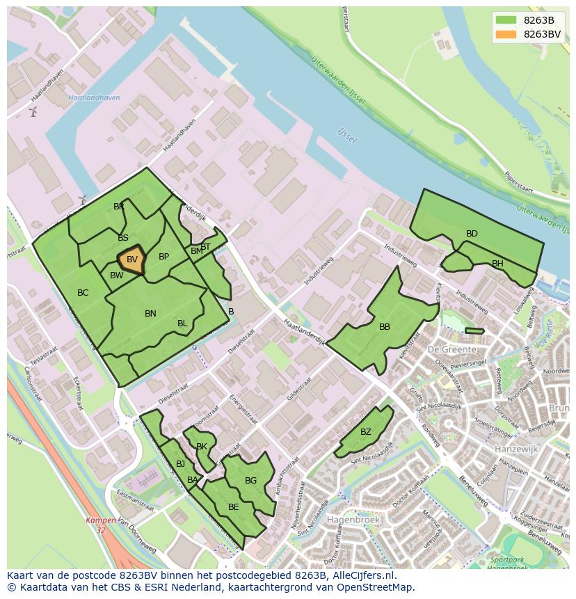 Afbeelding van het postcodegebied 8263 BV op de kaart.