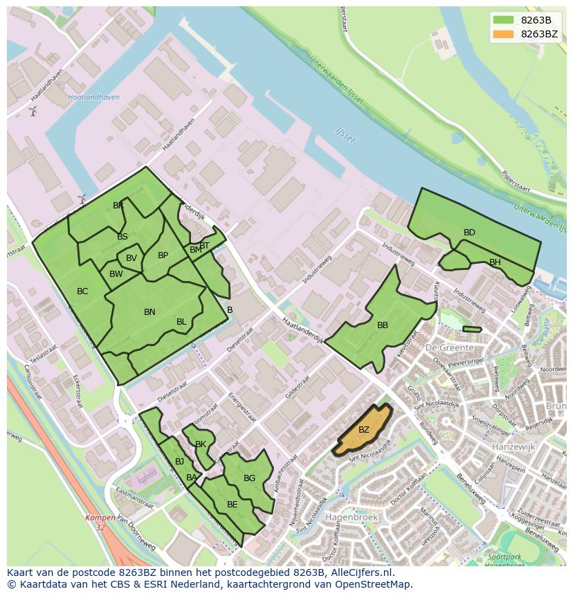 Afbeelding van het postcodegebied 8263 BZ op de kaart.