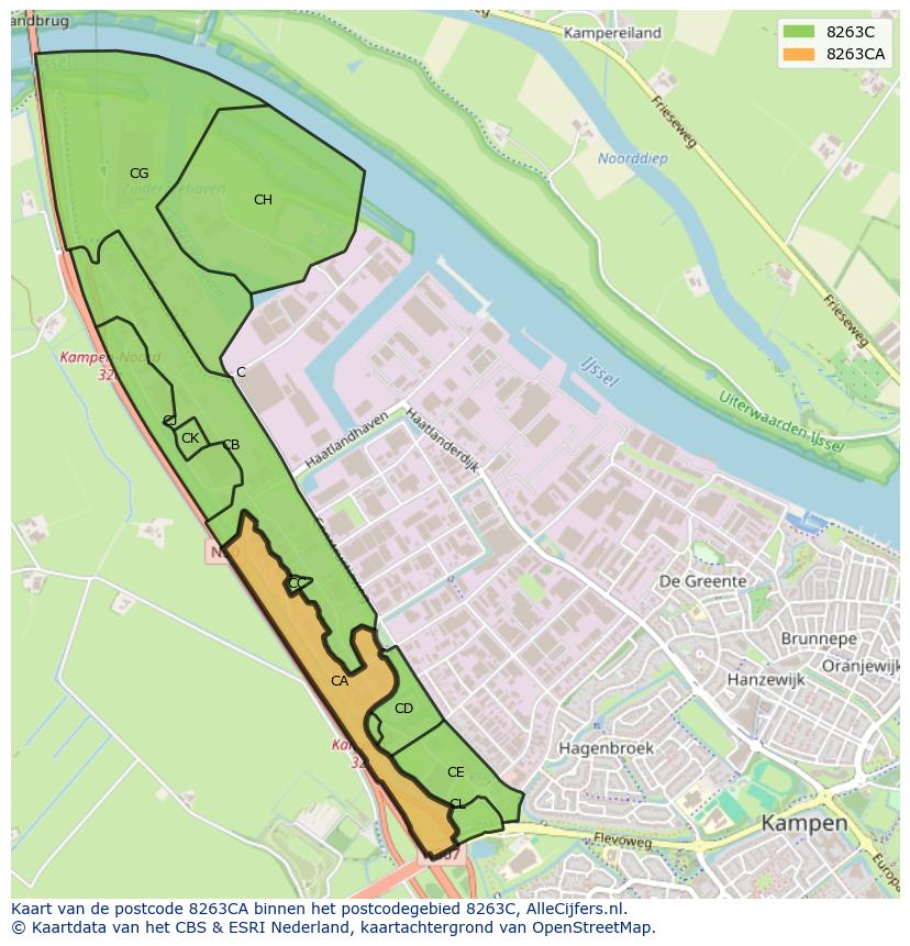Afbeelding van het postcodegebied 8263 CA op de kaart.