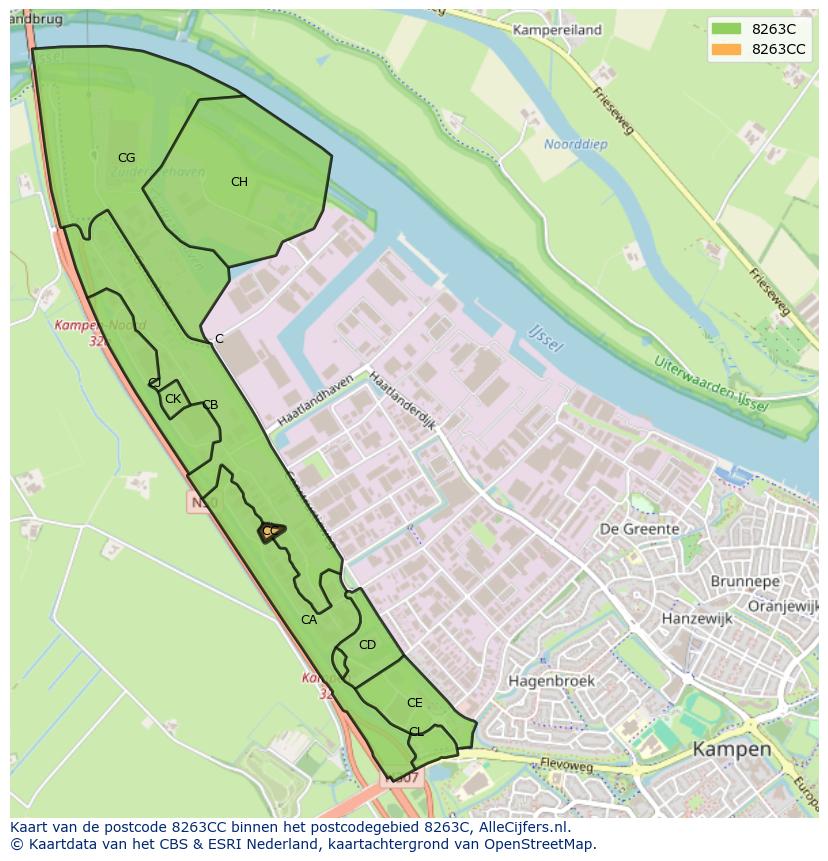 Afbeelding van het postcodegebied 8263 CC op de kaart.