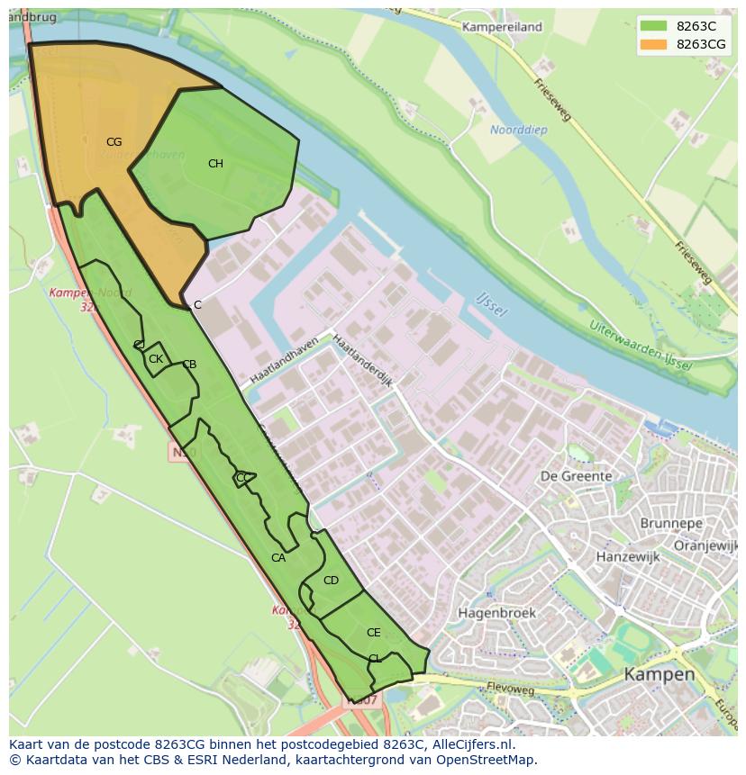 Afbeelding van het postcodegebied 8263 CG op de kaart.