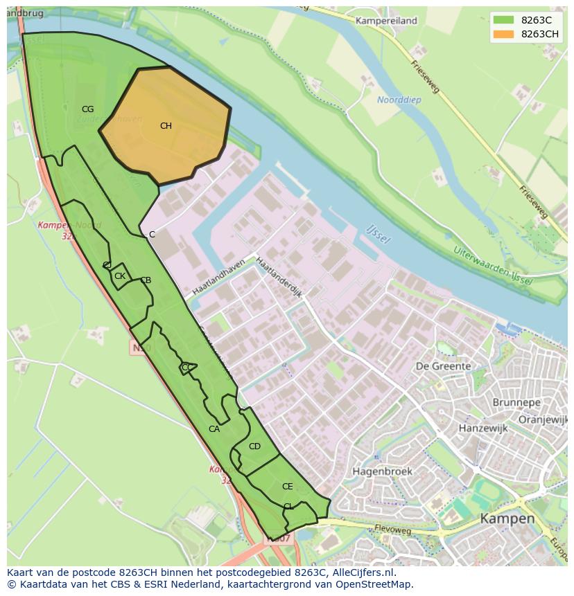 Afbeelding van het postcodegebied 8263 CH op de kaart.