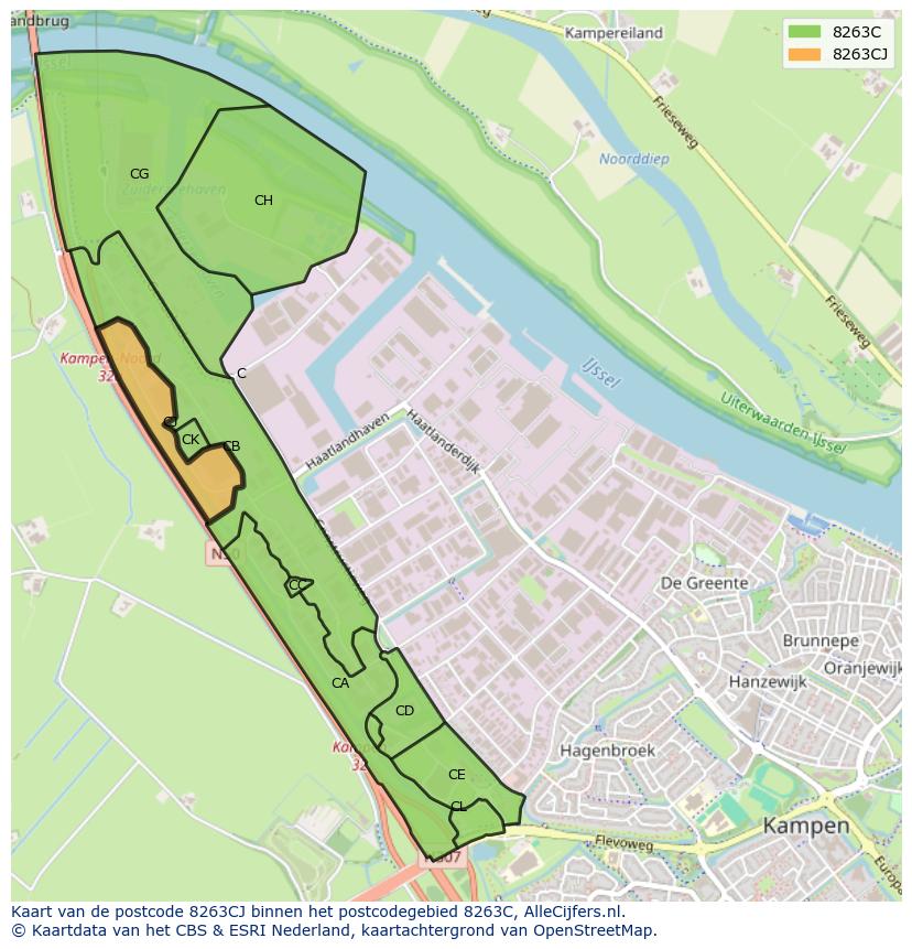 Afbeelding van het postcodegebied 8263 CJ op de kaart.