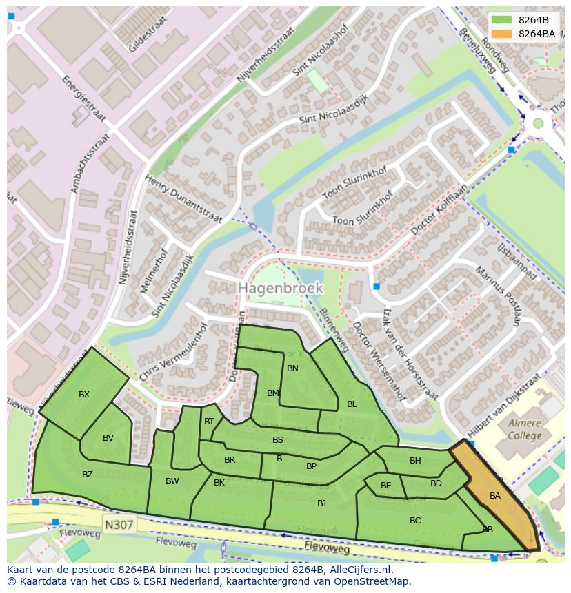 Afbeelding van het postcodegebied 8264 BA op de kaart.