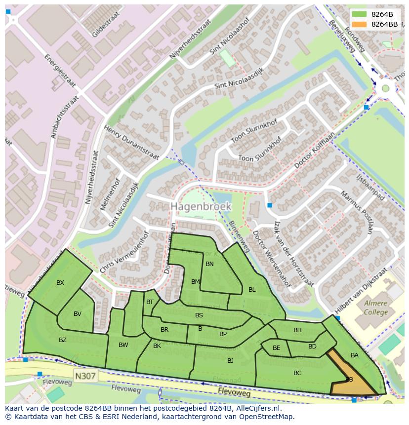 Afbeelding van het postcodegebied 8264 BB op de kaart.