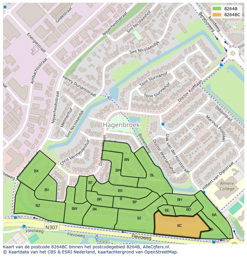 Afbeelding van het postcodegebied 8264 BC op de kaart.