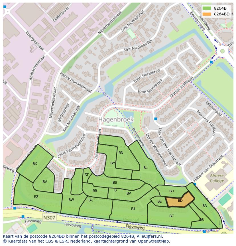 Afbeelding van het postcodegebied 8264 BD op de kaart.