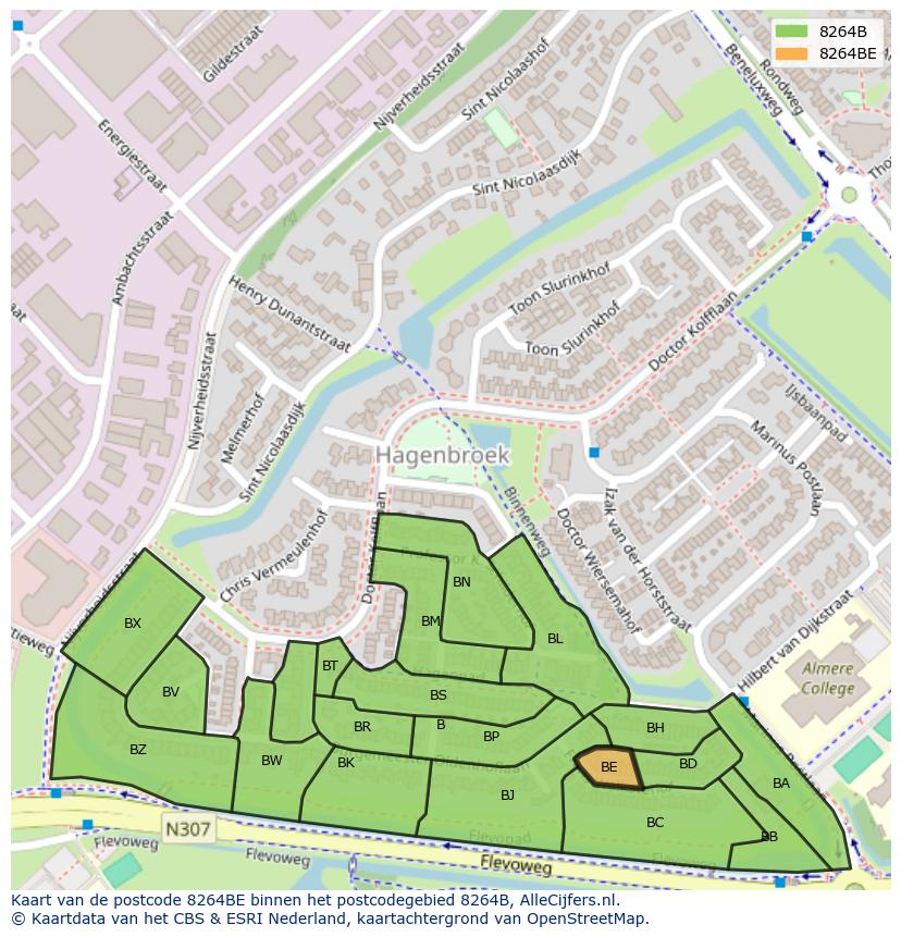 Afbeelding van het postcodegebied 8264 BE op de kaart.