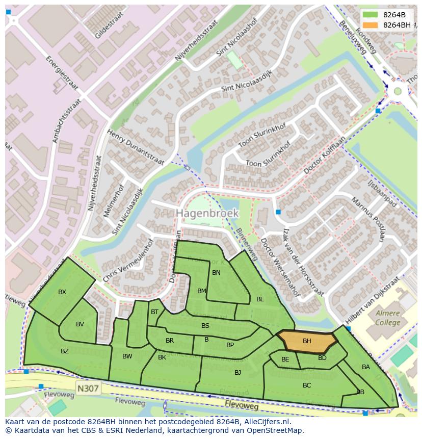 Afbeelding van het postcodegebied 8264 BH op de kaart.