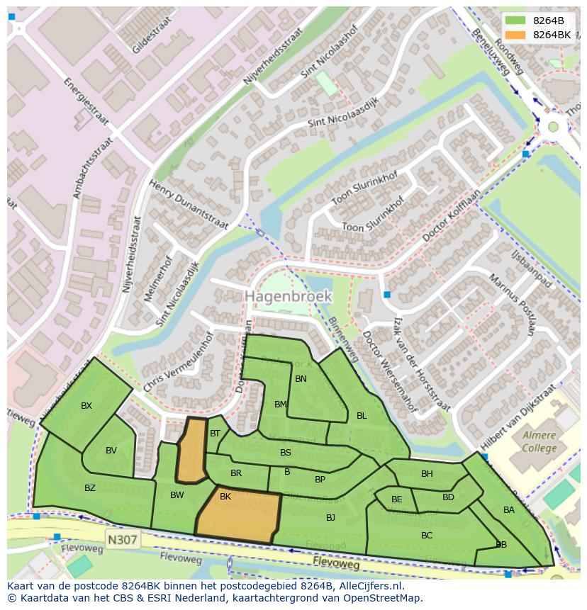 Afbeelding van het postcodegebied 8264 BK op de kaart.