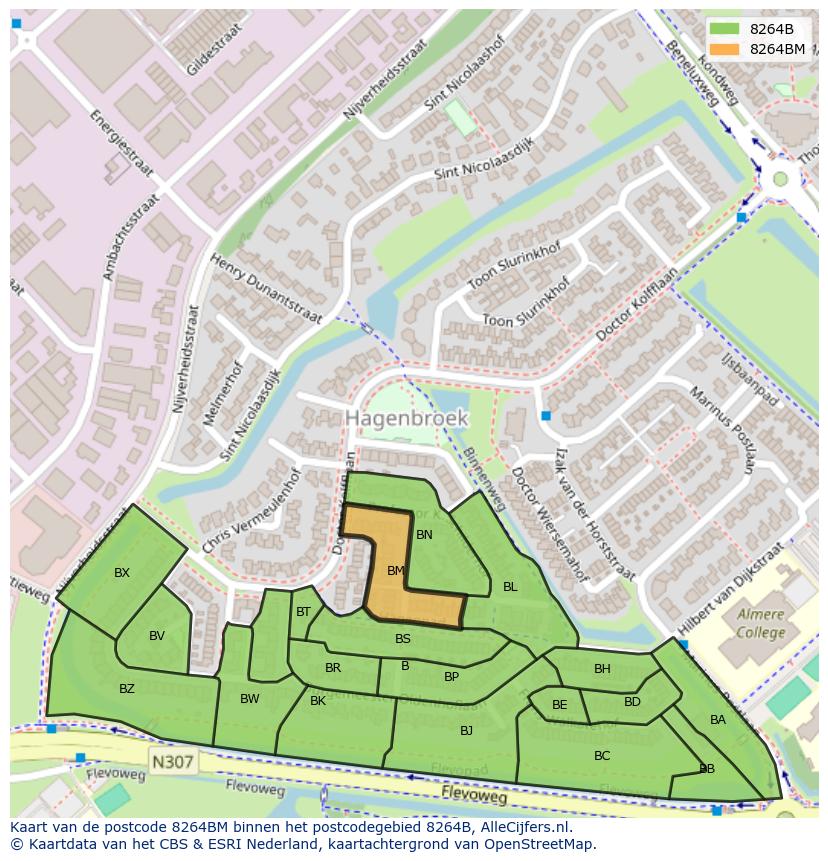 Afbeelding van het postcodegebied 8264 BM op de kaart.