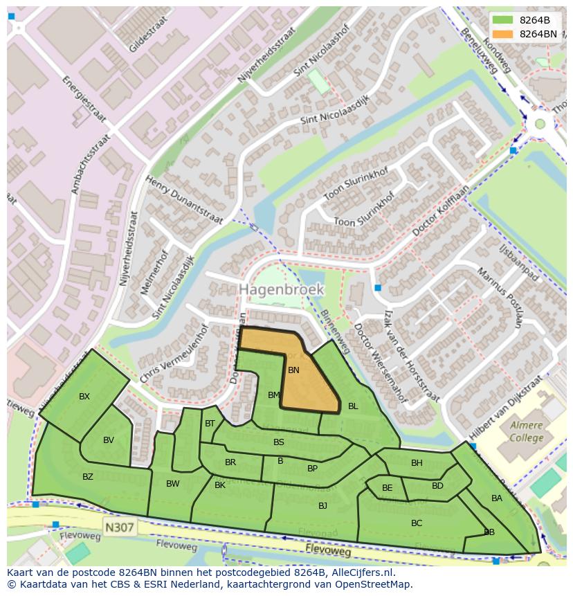 Afbeelding van het postcodegebied 8264 BN op de kaart.