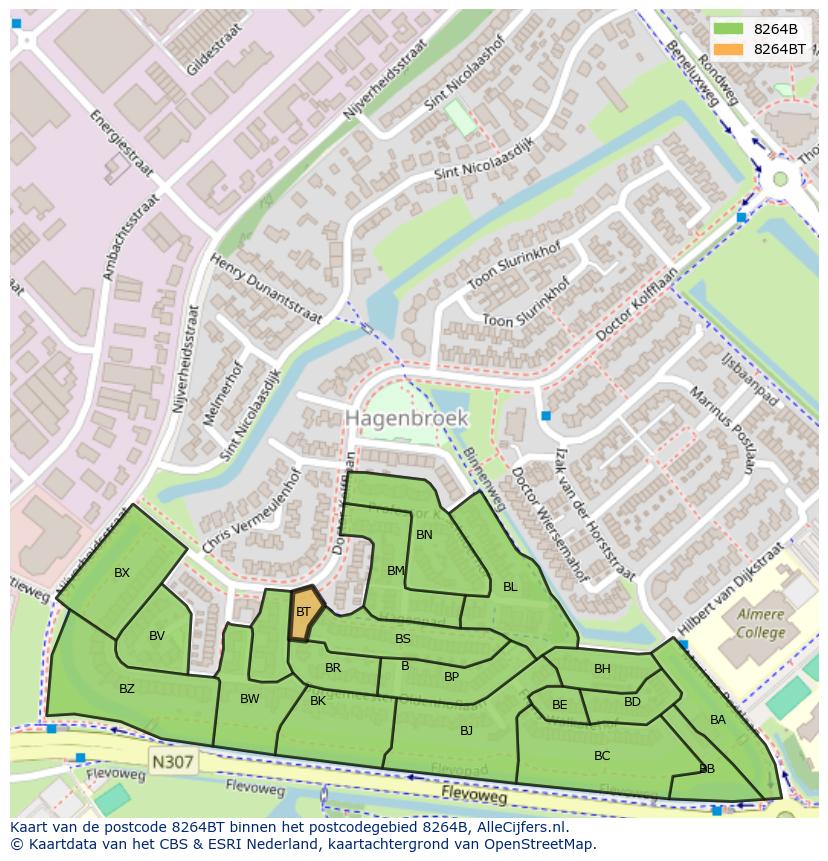 Afbeelding van het postcodegebied 8264 BT op de kaart.