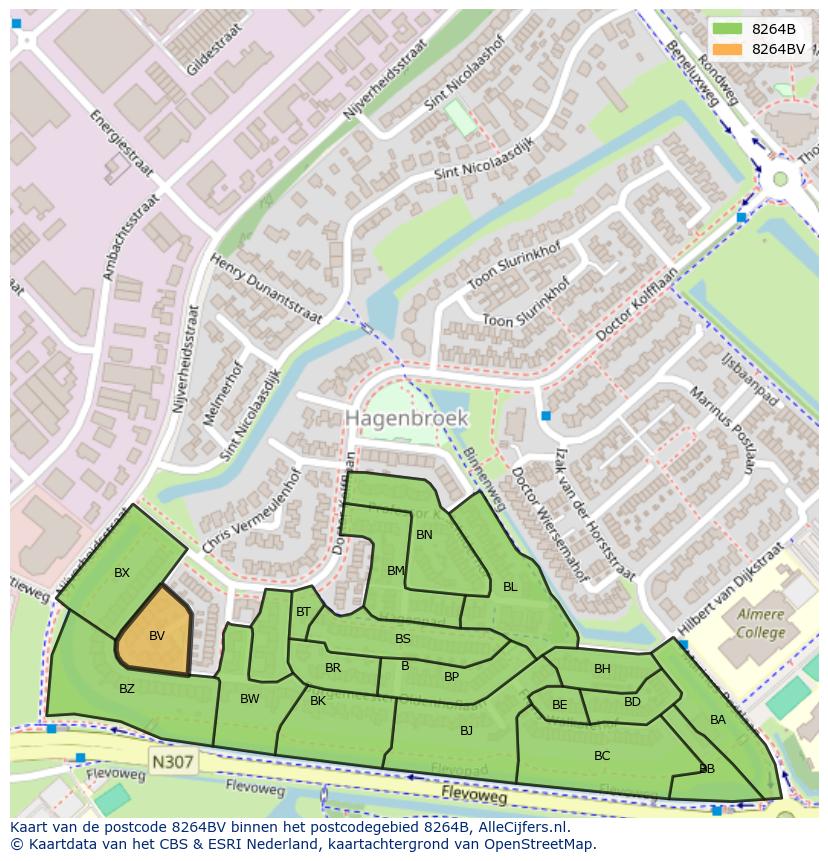 Afbeelding van het postcodegebied 8264 BV op de kaart.