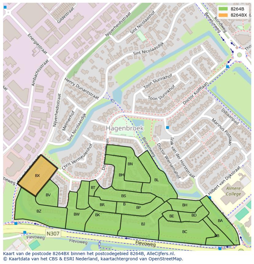 Afbeelding van het postcodegebied 8264 BX op de kaart.