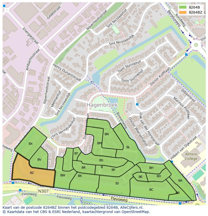 Afbeelding van het postcodegebied 8264 BZ op de kaart.