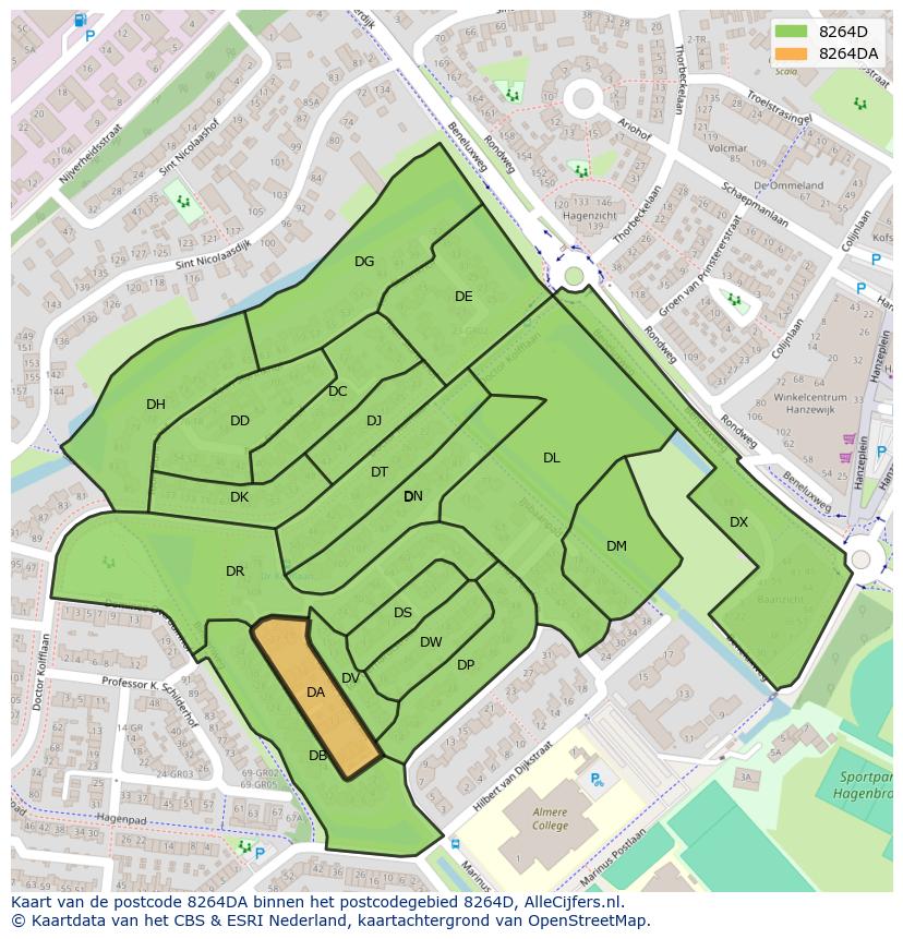 Afbeelding van het postcodegebied 8264 DA op de kaart.