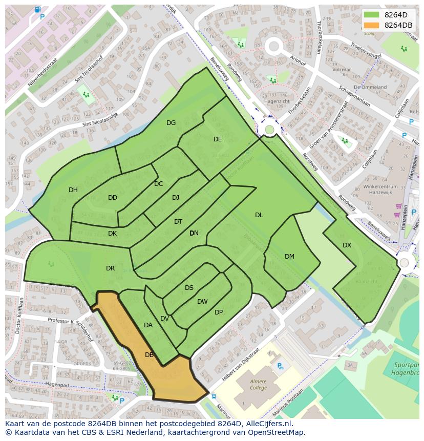 Afbeelding van het postcodegebied 8264 DB op de kaart.